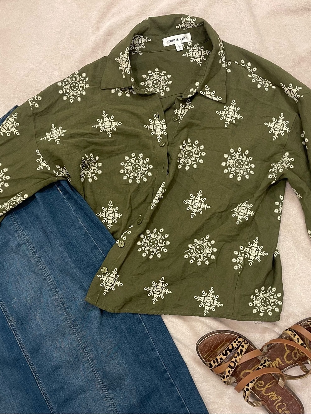 Sundry Olive Green Printed Button-Up Shirt with White Medallions